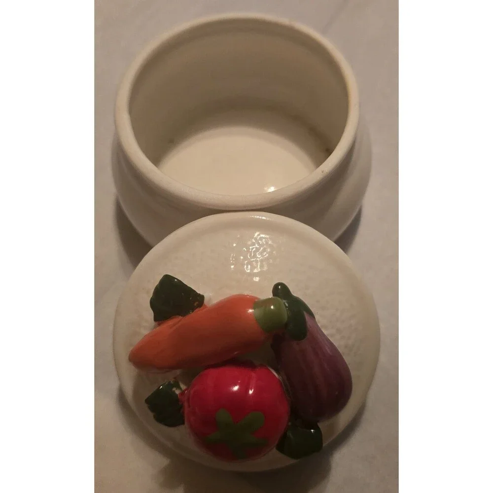 Ceramic Sugar Bowl With Colored Vegetables On The Lid, Eggplant Carrot Tomato